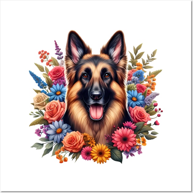 A German shepherd decorated with beautiful colorful flowers. Wall Art by CreativeSparkzz